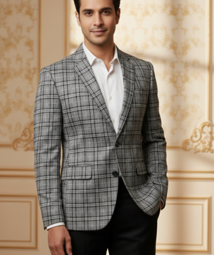 Men’s Premium Grey Glen Plaid Blazer – Slim-Fit Checked Formal Sport Coat for Business & Weddings