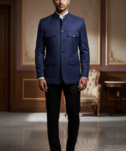 Men’s Premium Navy Blue Bandhgala Safari Jacket – Slim-Fit Ethnic Jodhpuri Blazer with Cargo Pockets