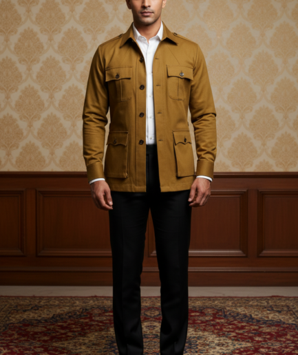 Men’s Premium Mustard Yellow Safari Jacket – Slim-Fit Cotton-Blend Utility Blazer with Cargo Pockets