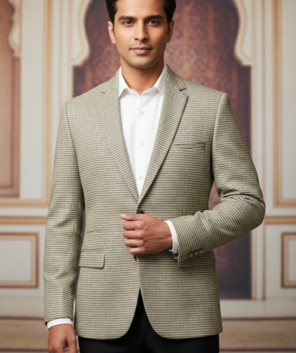 Men's Slim Fit Textured Blazer - Sage Grey Micro-Stripe Sport Coat with Notch Lapel