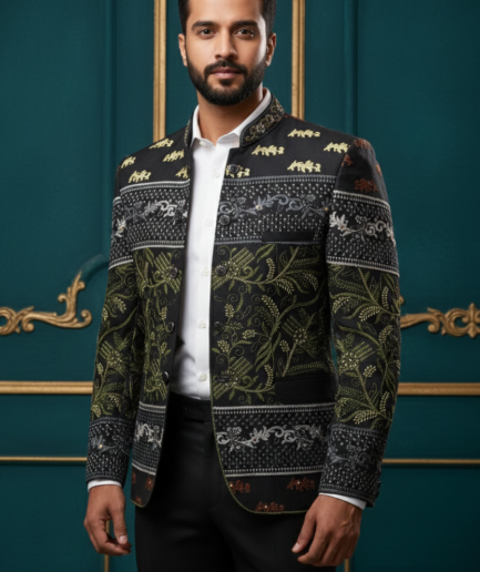 Designer Black Embroidered Bandhgala Blazer – Floral & Wildlife Motif Men's Ethnic Jacket