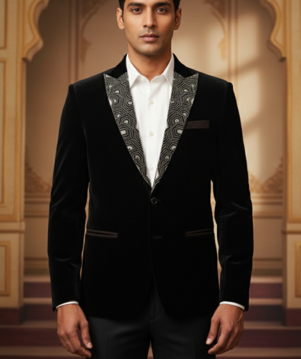 Midnight Black Velvet Blazer with Geometric Embroidered Lapels – Slim Fit Indo-Western Tuxedo