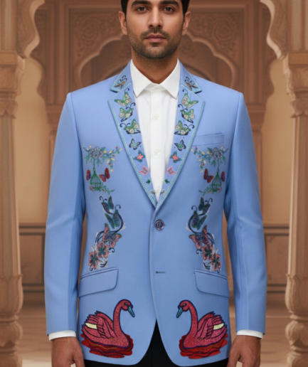 Sky Blue Artisan Blazer with Swan & Butterfly Hand-Embroidery – Designer Indo-Western Tuxedo