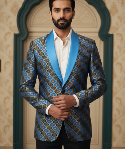 Men’s Electric Blue & Gold Geometric Banarasi Jacquard Tuxedo Blazer – Designer Evening Wear