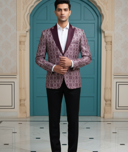 Men’s Premium Wine Geometric Jacquard Tuxedo Blazer with Satin Peak Lapels