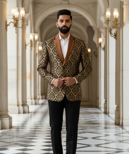 Men’s Heritage Brocade Tuxedo Blazer with Contrasting Copper Shawl Lapel