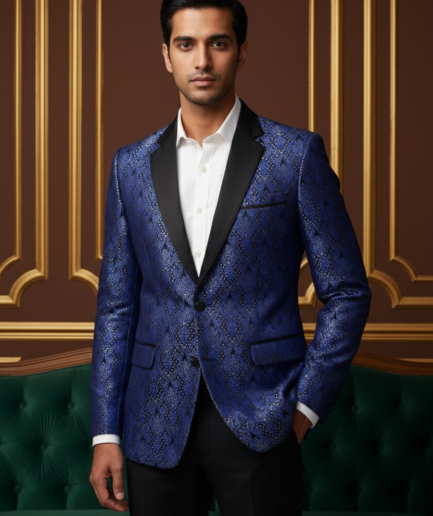 Royal Blue Jacquard Tuxedo Blazer with Satin Peak Lapels
