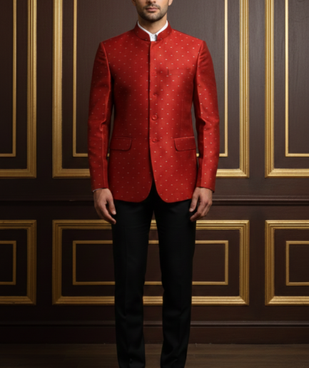 Men's Premium Red Jacquard Silk Bandhgala Blazer – Ethnic Jodhpuri Suit Jacket for Weddings & Formal Occasions