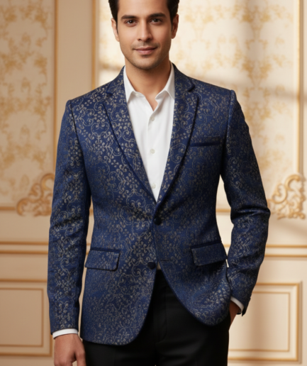 Men’s Royal Blue Jacquard Brocade Blazer – Luxury Slim-Fit Floral Pattern Party Wear Jacket