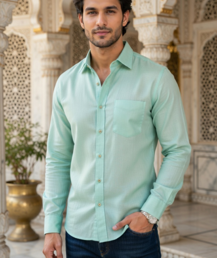 Men’s Casual Lightweight Linen-Blend Shirt in Pastel Mint