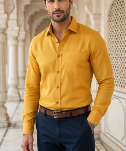 Men’s Casual Long-Sleeve Linen-Blend Shirt in Mustard Gold