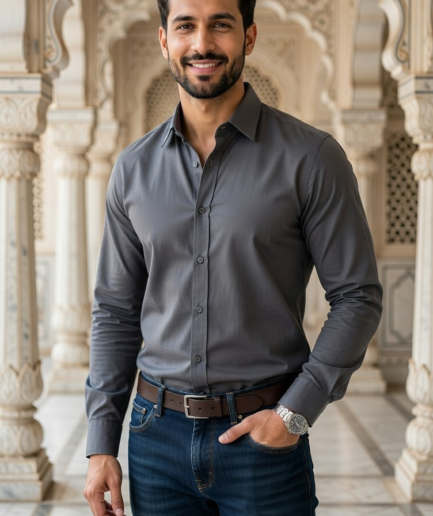 Men’s Casual Slim-Fit Melange Linen Shirt in Charcoal Grey