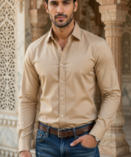Men’s Casual Slim-Fit Stretch Poplin Shirt in Khaki Tan