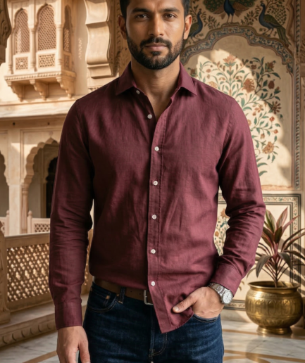 Men’s Burgundy Linen-Blend – The Elevated Casual Statement Shirt