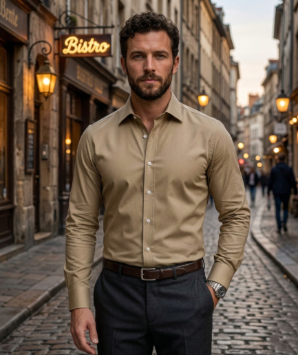 Khaki Formal Shirt for Men | Premium Cotton Blend Regular Fit Office & Business Wear Shirt