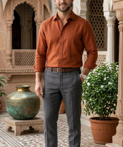 Men’s Terracotta Linen-Cotton – The Warm-Tone Casual Essential