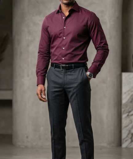 Men's Luxury Designer Burgundy Shirt – Slim Fit Textured Button-Down