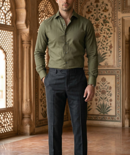 Men's Luxury Designer Olive Green Shirt – Slim Fit Micro-Texture Button-Down