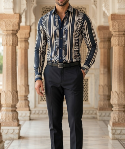 Men’s Slim-Fit Mosaic Geometric Print Silk-Blend Shirt – Midnight & Cream