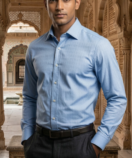 Men’s Designer Slim-Fit Sky Blue Micro-Jacquard Dress Shirt