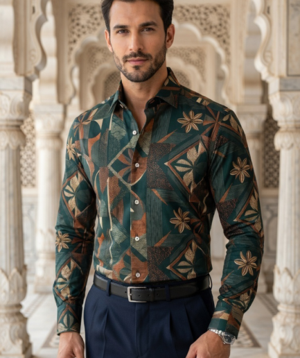 Men’s Designer Slim-Fit Abstract Botanical Mosaic Shirt – Forest & Bronze