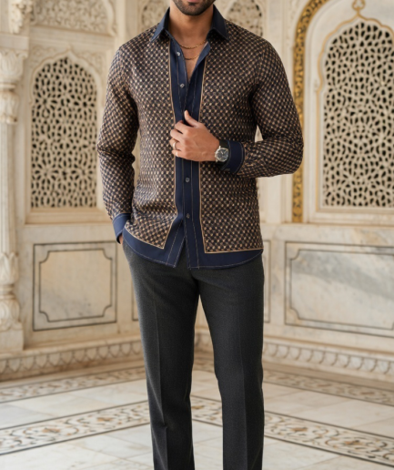 Men’s Designer Engineered Silk-Sateen Scarf-Print Shirt – Midnight & Bronze Gold