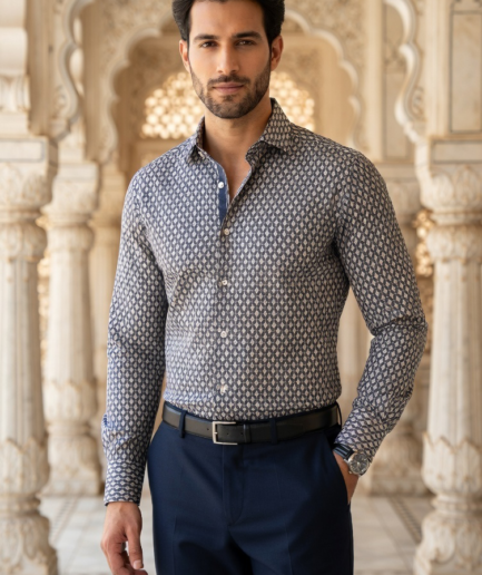 Men’s Designer Slim-Fit Micro-Medallion Geometric Shirt – Graphite & Slate