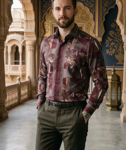 Men’s Designer Slim-Fit Abstract Mosaic Print Shirt – Burgundy & Olive Ochre