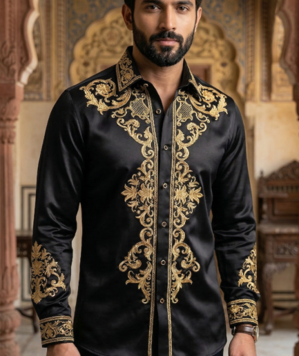 Men’s Designer Slim-Fit Baroque Embroidered Silk-Sateen Shirt – Black & Royal Gold