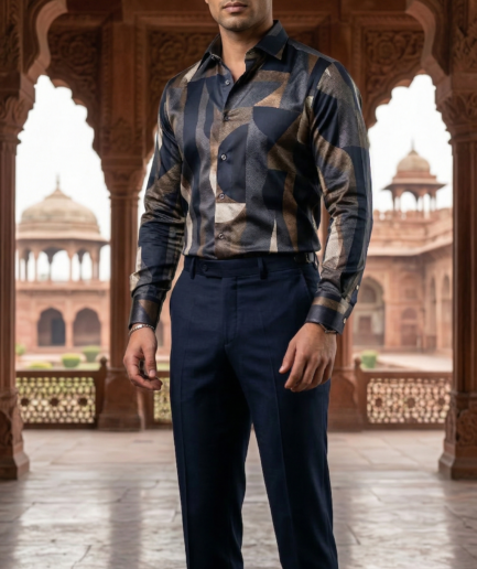 Men’s Designer Slim-Fit Abstract Fragment Print Shirt – Midnight & Burnished Bronze