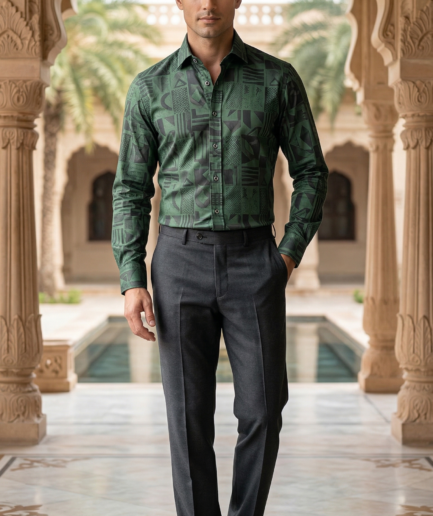 Men’s Designer Slim-Fit Emerald Geometric Glyph Print Shirt