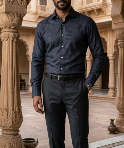 Men's Midnight Indigo Multi-Textural Jacquard Masonry Shirt