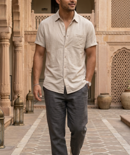 Men’s Light Beige Casual Short Sleeve Shirt – Premium Cotton Summer Shirt for Men | Stylish Relaxed Fit Button down Shirt