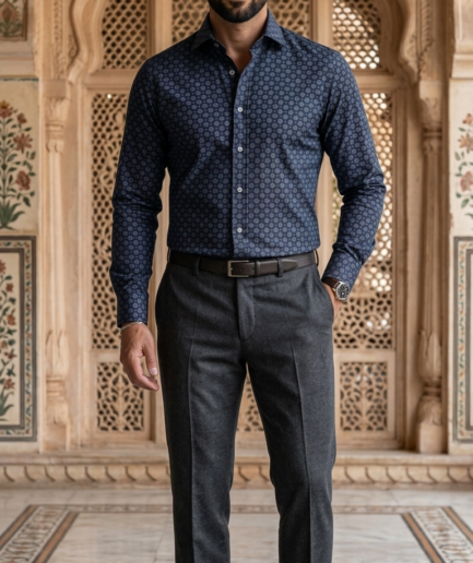 Designer Men’s Navy Medallion Print Dress Shirt – Slim Fit Geometric Floral