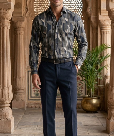 Designer Men’s Abstract Geometric Print Shirt – Modern Slate & Charcoal Art-Deco Motif