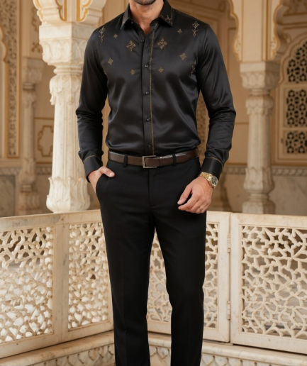 Designer Men’s Charcoal Black Embroidered Dress Shirt – Gold Filigree & Geometric Motif
