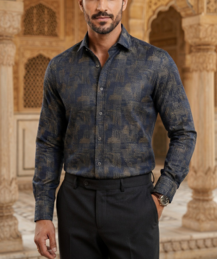 Designer Men’s Navy & Gold Jacquard Shirt – Abstract Cross-Hatch Textured Dress Shirt