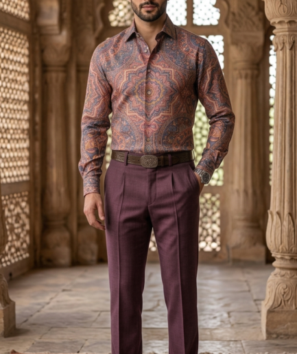 Designer Men’s Ornate Mandala Print Shirt – Sunset Copper & Plum Kaleidoscope Motif