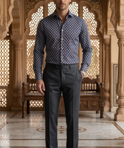 Designer Men’s Geometric Hexagon Print Shirt – Navy & Slate 3D Optical Motif