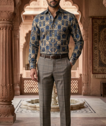 Designer Men’s Art Deco Tile Print Shirt – Navy & Gold Architectural Motif