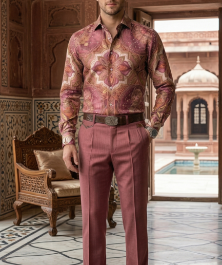 Designer Men’s Dusty Rose Mandala Print Shirt – Celestial Gold & Mauve Ornate Motif