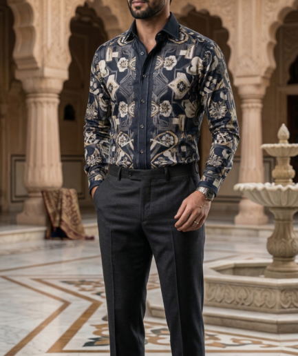 Designer Men’s Baroque Floral Print Shirt – Navy & Gold Botanical Geometric Motif