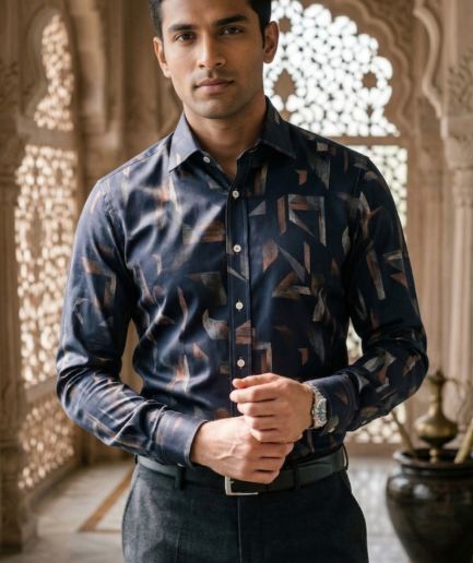 Designer Men’s Abstract Shattered Geometric Shirt – Navy & Copper Fragmented Print