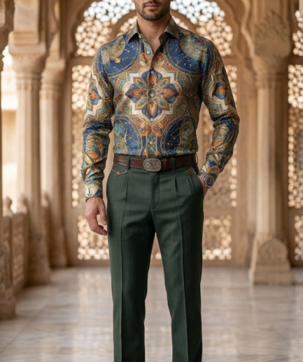 Designer Men’s Maritime Celestial Print Shirt – Deep Sea Teal & Ochre Compass Mandala Motif