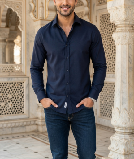 Men’s Deep Indigo Denim-Look Casual shirt with Contrast Topstitching