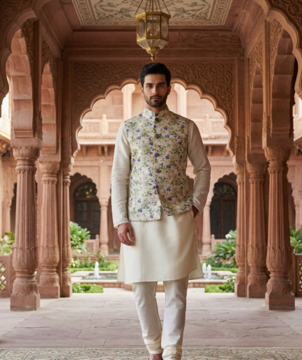 Men's Off-White Silk Kurta Pajama Set with Floral Print Nehru Jacket