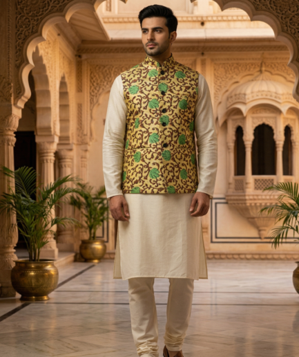 Men’s Hand-Block Printed Kalamkari Nehru Jacket in Mustard & Sage, Paired with Ivory Tussar Silk Kurta Pajama Set