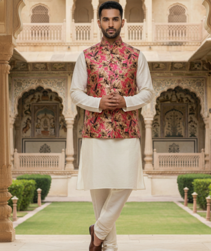 Men’s Elegant Ivory Kurta Pajama Set with Floral Printed Nehru Jacket