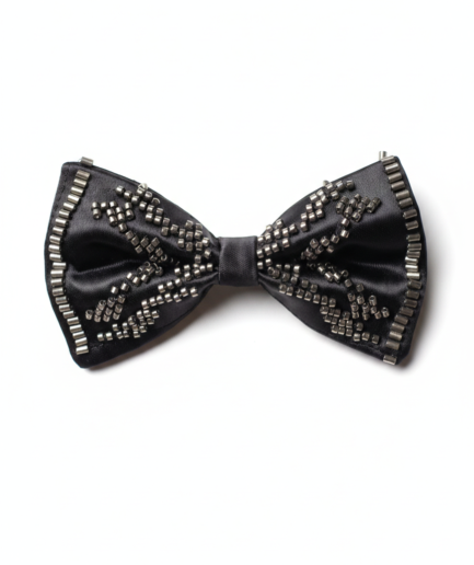 Elegant Black Beaded Satin Bow Tie – Classic Formal Accessory