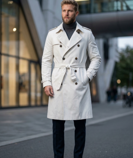 Men’s Slim-Fit Double-Breasted Long Trench  Coat in Off-White